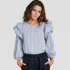Universal Thread Ruffle‎ Blouse Women's Large Blue Boho Textured Peasant Top